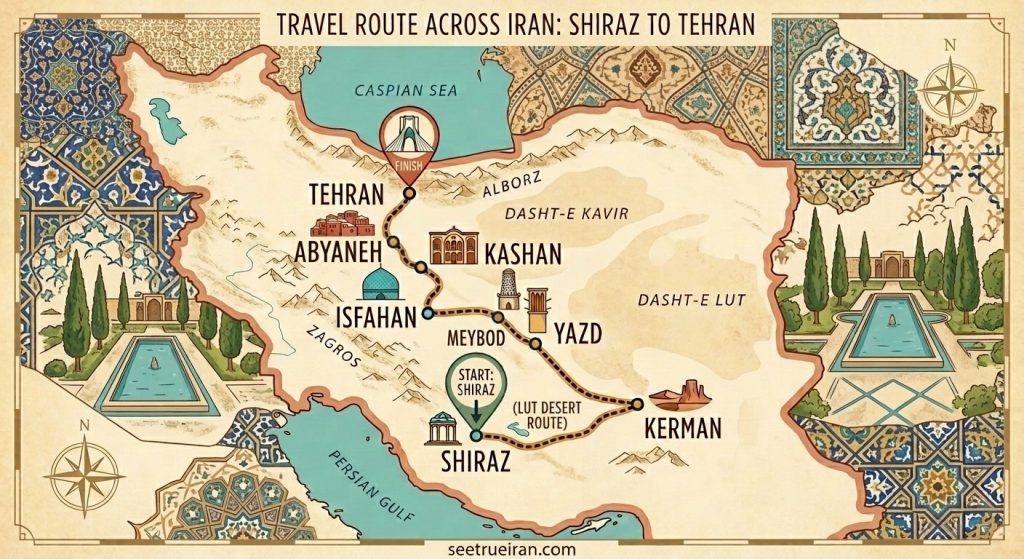 Comprehensive map of 14-day Iran Tour Package itinerary from Shiraz to Tehran including Kerman, Yazd, Isfahan, and Kashan.