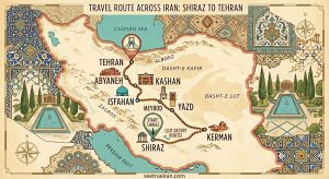 Comprehensive map of 14-day Iran Tour Package itinerary from Shiraz to Tehran including Kerman, Yazd, Isfahan, and Kashan.