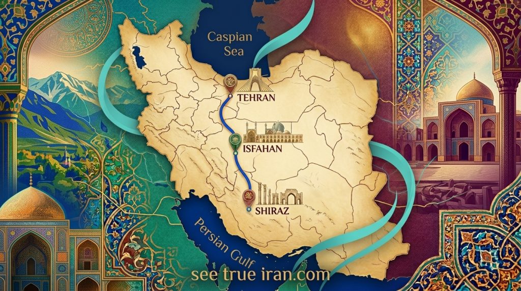 7-Day Iran Tour Package map including Tehran, Isfahan, and Shiraz