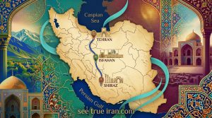 7-Day Iran Tour Package map including Tehran, Isfahan, and Shiraz