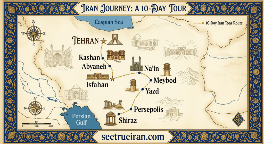 Detailed 10-day Iran tour itinerary map including Tehran, Isfahan, Yazd, and Shiraz | Seetrueiran