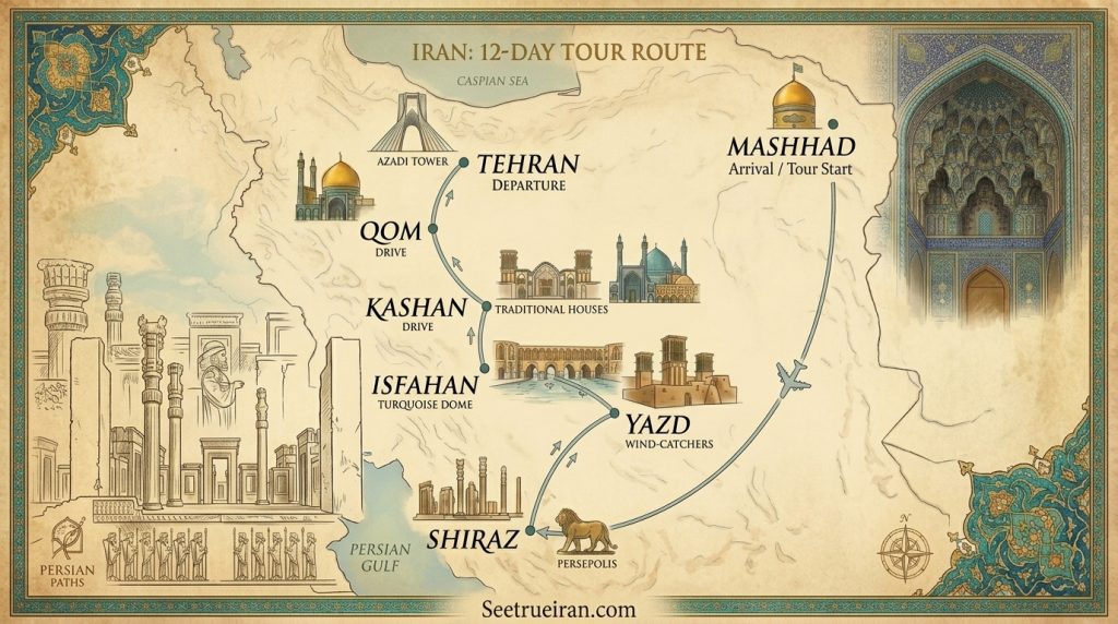 Alt Text: A map showing the 12-day Iran tour package route from Mashhad to Shiraz, Yazd, Isfahan, and Qom