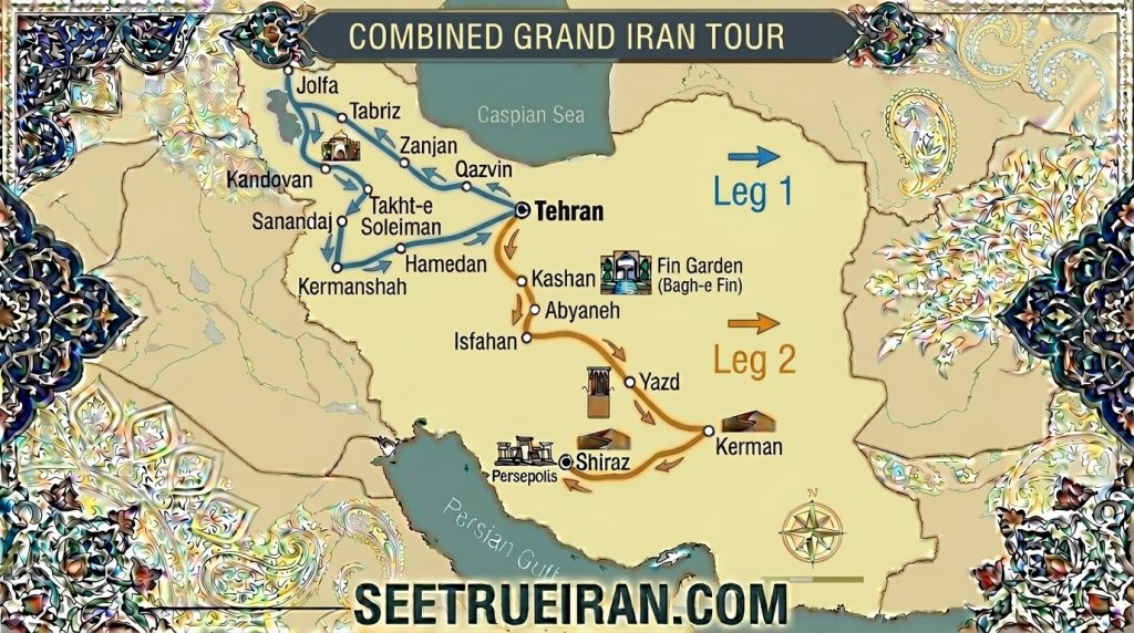 Iran tour package: 23-day grand itinerary map including Tabriz, Isfahan, Yazd, and Shiraz.
