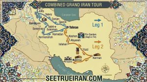 Iran tour package: 23-day grand itinerary map including Tabriz, Isfahan, Yazd, and Shiraz.