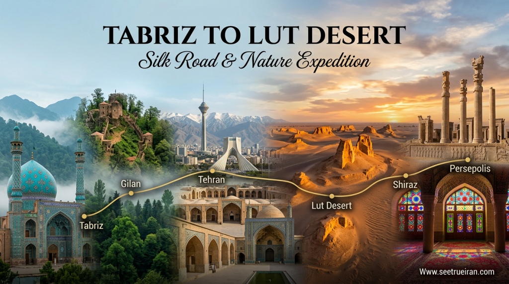 Collage-style travel poster featuring Tabriz, Kandovan, Arasbaran, Lut Desert, and southern Iran landmarks on a 20-day Silk Road and nature expedition in Iran