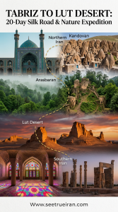 Collage-style travel poster featuring Tabriz, Kandovan, Arasbaran, Lut Desert, and southern Iran landmarks on a 20-day Silk Road and nature expedition in Iran