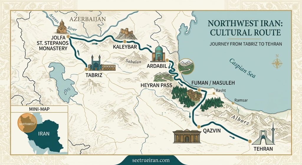 Northwest Iran tour route map featuring Tabriz, Jolfa, Kaleybar, Ardabil, Heyran, Fuman, Masuleh, Rasht, Qazvin, and Tehran