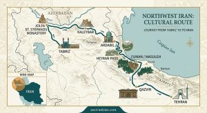 Northwest Iran tour route map featuring Tabriz, Jolfa, Kaleybar, Ardabil, Heyran, Fuman, Masuleh, Rasht, Qazvin, and Tehran